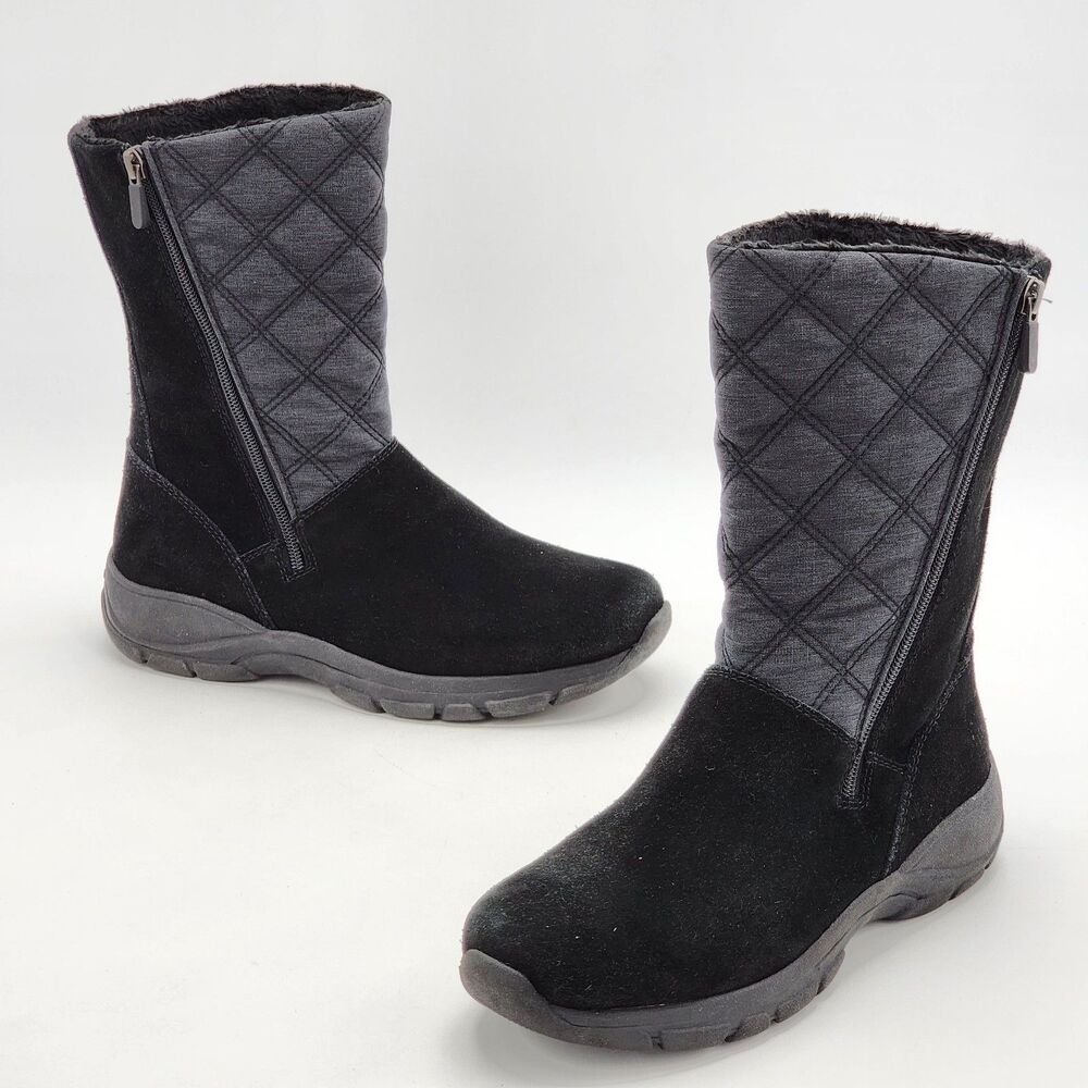 Lands End Quilted Suede Leather All Weather Zip Up Winter Boots Black Size 8